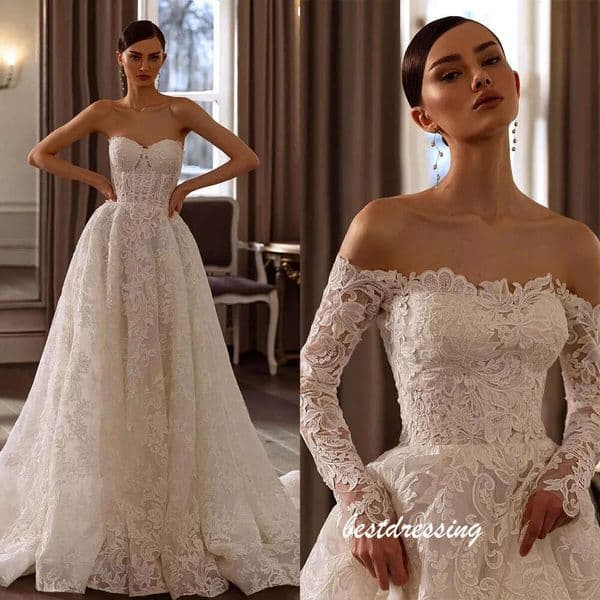 Classy Ivory Lace Wedding Dresses With Removable Sleeves Sexy Strapless Plus Size Boho Bridal Gowns Sweep Train A Line Modern Bride Reception Marriage Dress