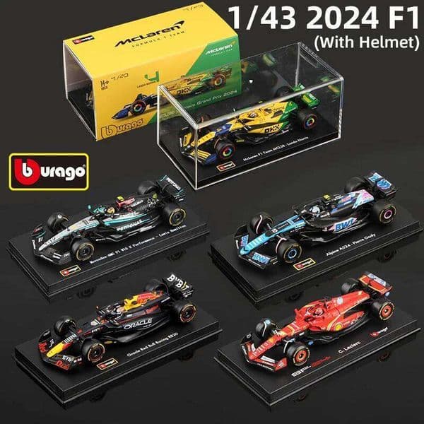 Bburago 1:43 2024 F1 Model With Helmet Alloy Miniature Diecast Formula Racing Car Toy MCL38 W15 SF24 RB20 A524 26W0209