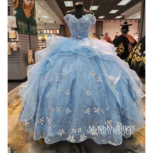Baby Blue Ruffels 15 Dress Quinceanera Off The Shoulder Shinning Flowers Ball Gown Quince Dresses Princess Robe De Soiree Mariee Luxe 0209