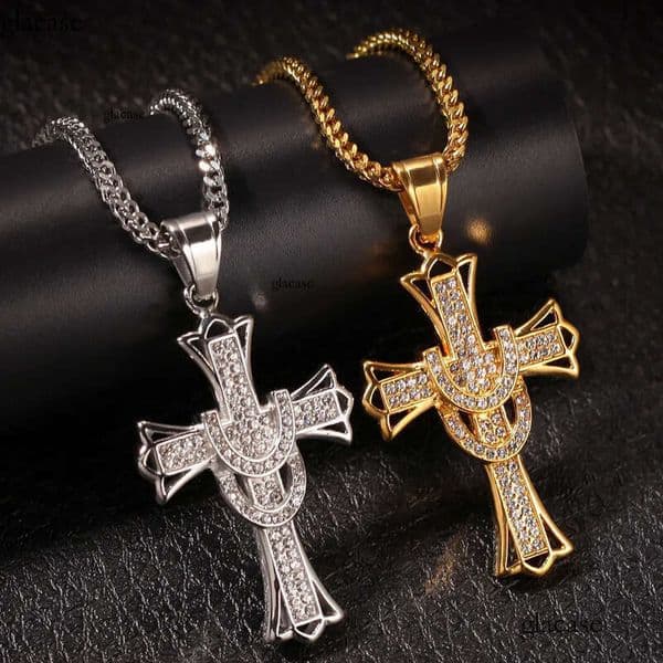 Shining Cross Pendants Necklace Stainless Steel Real Gold Plated Men Gift Religious Jewelry 8a