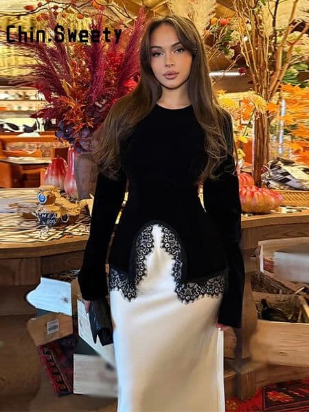 Elegant Velvet Lace Patchwork Shirt Women Back Bandage Oneck Irregular Hem Slim Top 2026 Spring Lady Evening Party Blousers 260126BJ