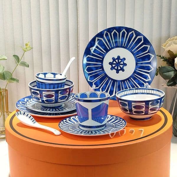 Classic Blue Imprinted Ceramic Tableware Ten-Piece Set Rice Bowl Western Plate Home Wedding B5