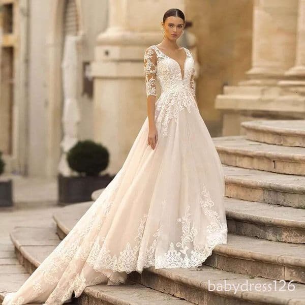 Wedding half sleeve dress button back vintage robe mariage appliques tulle fashion hochzeitskleid wedding dresses
