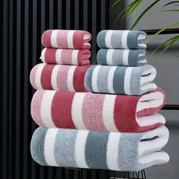 8pcs of - Non-Hair-Free Super Absorbent and Ultra-Soft Five-Star Hotel Standard Two-Color Striped Bath Towel Set 26L0209