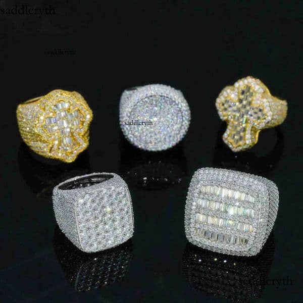 Fine jewelry iced out hip hop cuban gold plated sterg sier vvs moissanite dia ring for men 05