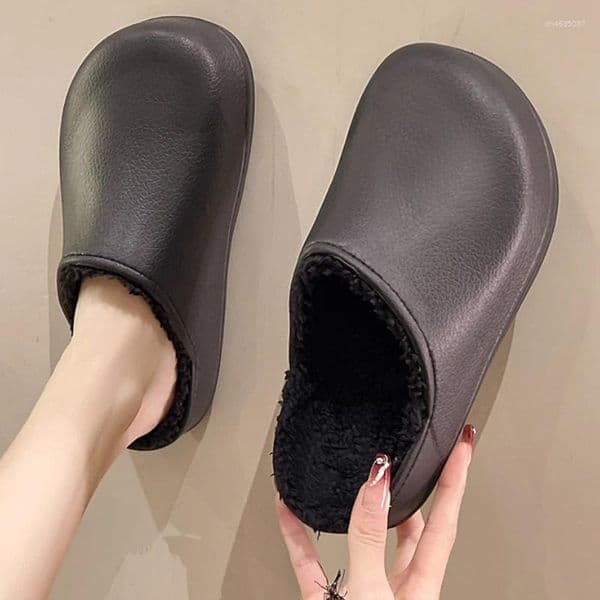 Slippers Plush Couple's Indoor Cotton Shoes Waterproof Chef's With Toe Caps Solid Color Men's Women's Outdoor Flat