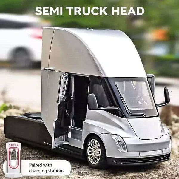 New 1:24 Tesla Semi Trailer Alloy Diecast Car With Sound And Light Pull Back Truck Vehicle Model Boy Collection Gift 26Y0209