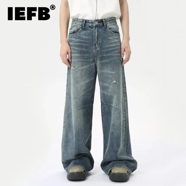 IEFB American Style Mens Denim Pants Washing Fashion Loose Straight Trousers Casual Wide Leg Jeans Summer 9C6303 260202BJ
