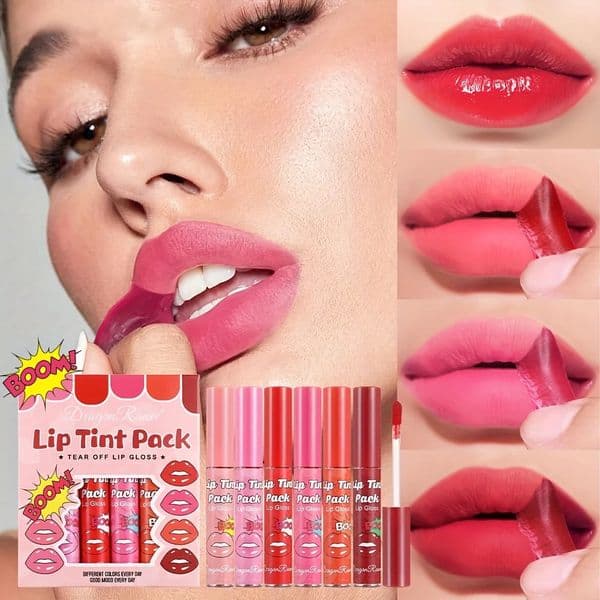 6-Piece Magic Lip Stain Set Peel-Off Tint Hydrating Mask 12H Kiss-Proof Color Lip Gloss Hybrid Vegan Non-Drying 260129
