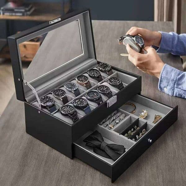 2026 12-Slot Lockable Storage Box,Jewelry Drawers, 2-Tier Watch And Glasses Display Box With cologne Glass perfume Lid Free Shipping
