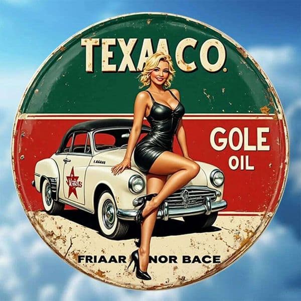 2D Flat Vintage Texaco Goole Oil Metal Sign - 8" Round Aluminum Wall Art, Retro Blonde Girl & Red DeSoto Car Design 26L0210