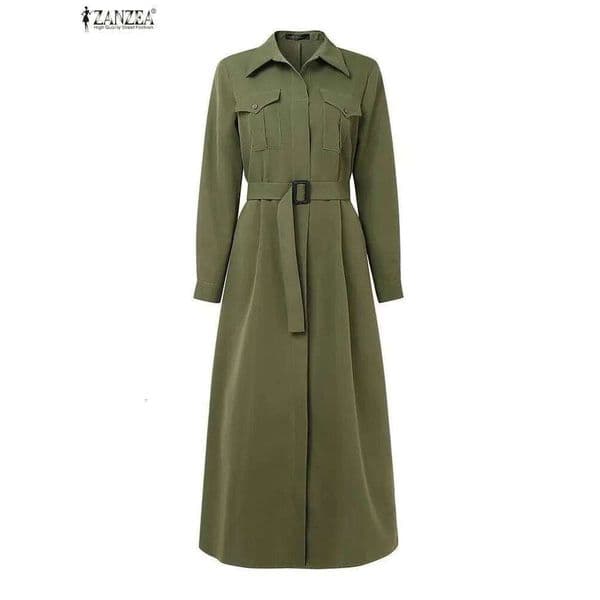 Women Autumn 2025 Cargo Maxi Dresses Casual Long Sleeve Pockets Belted Collared Shirt Dress ZANZEA Commuting Workwear S-3XL H260210