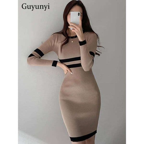 Stretch Knit Pencil Spring Korean Version Pullover Full Sleeve Simple Color Matching High Waist Slim Elegant Office Dress H260210
