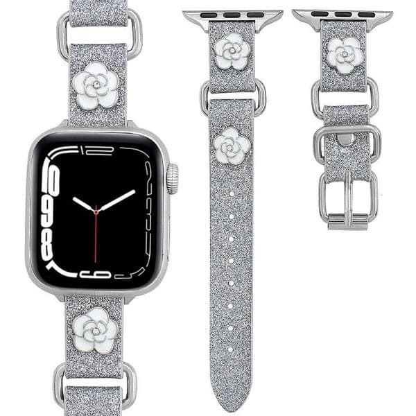 Glitter Camellia PU Leather Watch Band Sparkly Fashion Strap Compatible with Apple Watch Series 4-8 SE Ultra