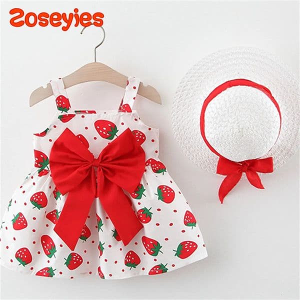 Summer Baby Girls Dress Small Round Dot Strawberry Print Chest Bow Daily Casual with Hat 260207BY