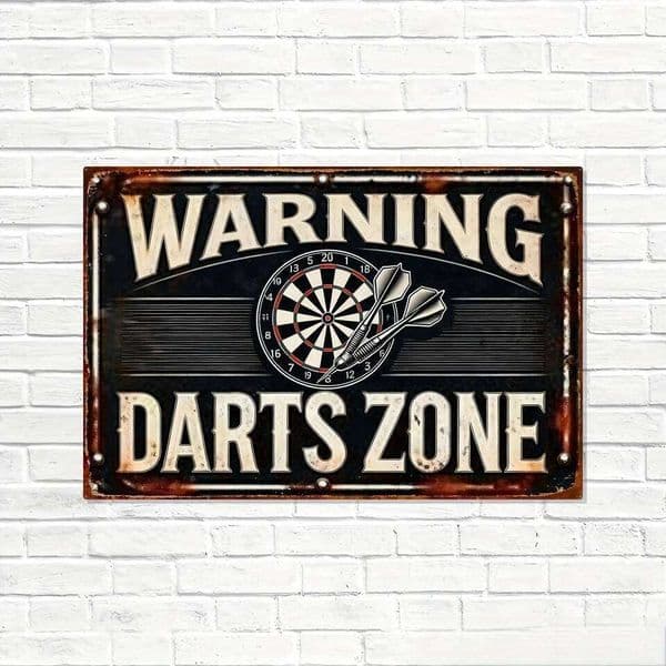 2D Flat, Vintage Dartboard Warning Sign Heavy-Duty Iron Metal Wall Decor 8x12 Inch 20x30cm - Dart Zone Game Room Art with Da 26L0210