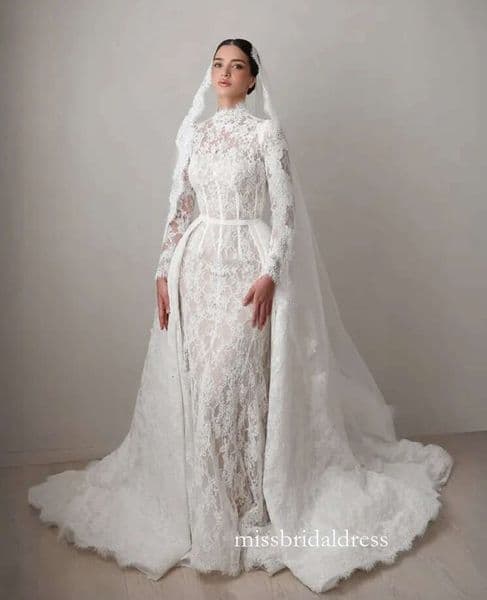 Long Sleeve Mermaid Mulsim Wedding Dresses With Detachable Train High Neck Lace Applique Bridal Gown Middle East Customsized O0210