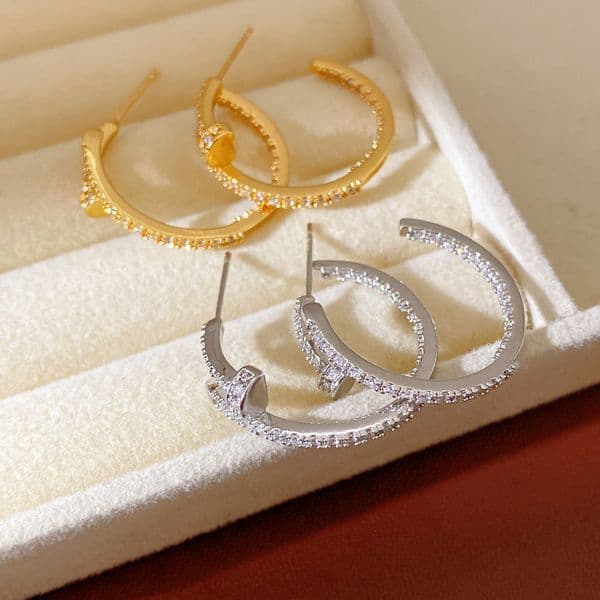 18k real gold plated silver studs zirconia, C-shaped minimalist style, unique earrings, light luxury with a high-end feel