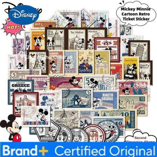 Disney New Mickey Minnie Anime Peripheral Cartoon Cute Retro Ticket Secondary Creative Stamps Decorative Stickers Gift H260210