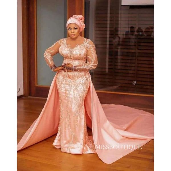 Luxury Pink Aso Ebi Style Mermaid Prom Dresses With Overskirt Train Long Sleeves Lace Appliques Beaded Plus Size Formal Evening Occasion Gowns Robe De Soiree C0210