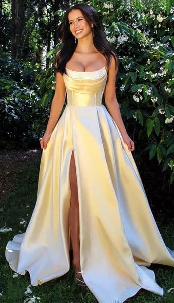 Strapless Corset Prom Dresses for Women with Slit Long Satin Formal Evening Gowns with Pockets Elegant Sleeveless Party Dress 260126