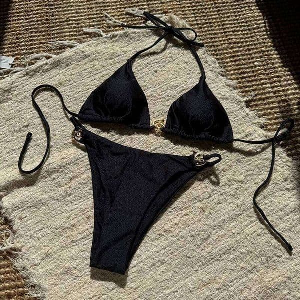 Vintage Metal Set Swimwear Women Sexy Triangle Halter High Cut Thong Bikini Push Up 2025 New Beach Bathing Suit 26Y0210