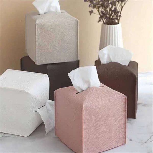 Box Cover Square Decorative PU Leather Holder Modern Tissue Case Facial Paper Organizer Dispenser For Bathroom Countertop 26H0210