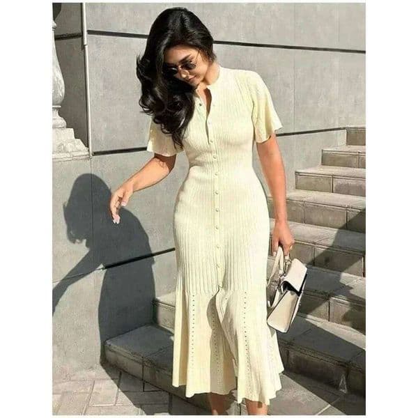 Elegant Knitted Dress Women Casual O Neck Solid Short Sleeved Button High Waist Split Dresses New Female Fashion H260210
