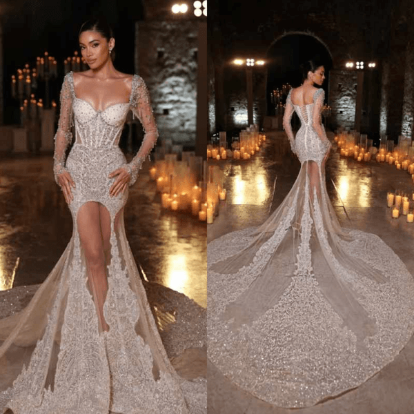 Sexy Wedding Dress Side Slit Gowns Party Dress Mermaid Special Occasion Crystal Women Dress Size Customized Robes De Mariee