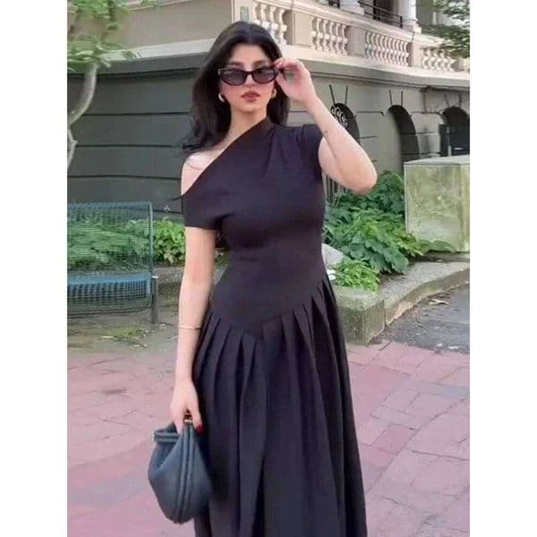 Summer Lady Patchwork Pleated Maxi Dress Chic Elegant Black Half-turtleneck Short Sleeve High Waist Dresses Office Street Robes H260210
