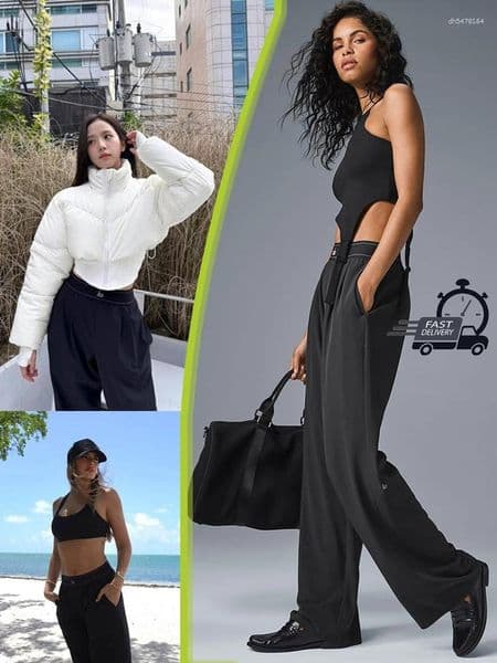 Women's Pants 2026 Yoga Suit Up Trouser Front Fold Loose Straight Leg Elastic Waist Belt Side Lightweight Fashion