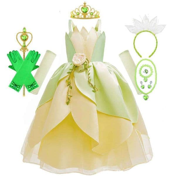 Tiana Costume for Girls Fancy Princess Cosplay The Frog Dress Carnival Birthday Party Kids Frock Ball Gowns Clothes 26Y0210