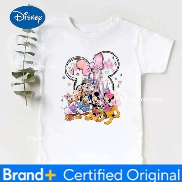 Disney Summer New Fashion Children's Clothing Girls Tee Tops 2-8 Years Mickey Castle Print Cotton Short Sleeve Kids T Shirt H260210