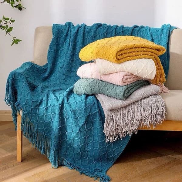 Bohemian Knitted Throw Blanket Nordic Geometric Fringed Blanket Soft Acrylic Knit Tassel Blanket for Couch Bed Sofa Decorative Textured Coverlet