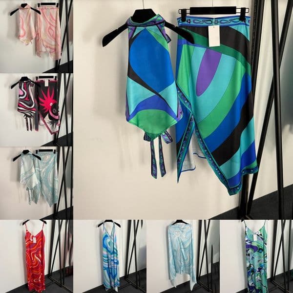 Luxury Women Mixed Prints Dress Sexy Halter Sleeveless Tops Designer Summer Beach Vacation Yacht Resort Outfits High Waist Irregular Skirt