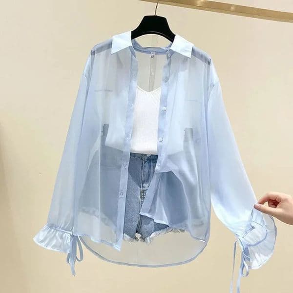 Smvp Chiffon Blouses for Women Summer Thin Loose Button-Up Sunscreen Shirt Woman Korean Fashion Bow Lace-up Long Sleeve Shirts 260122