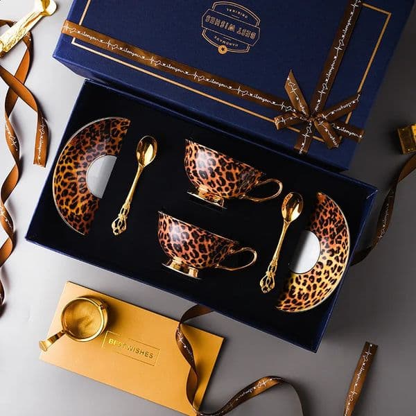 Premium European Leopard Coffee Cup and Dish Exquisite Couple Set Birthday Gift Ceramic Wedding Souvenir Mug Tea 260122BJ