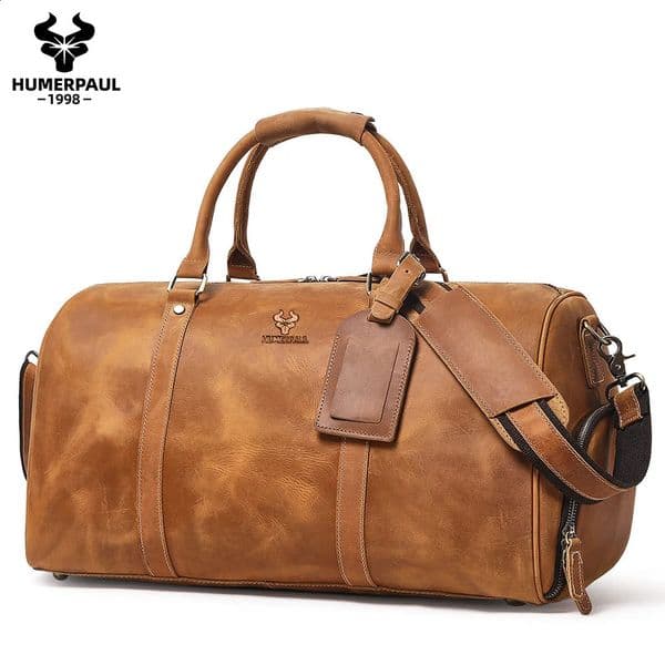 Mens Crazy Horse Leather Duffle Bag Large Capacity Travel Luggage Fits 15 Laptop Shoes Durable Totes Bags for Business 260208