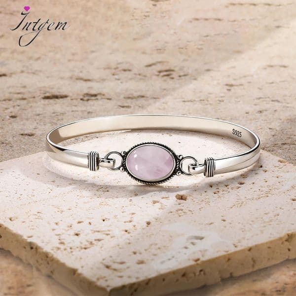 Vintage 925 Silver Natural Rose Quartz Bangle Handmade Oval 1014mm Pink Natural Stone Bracelets Gifts Fine Jewelry for Women 260128