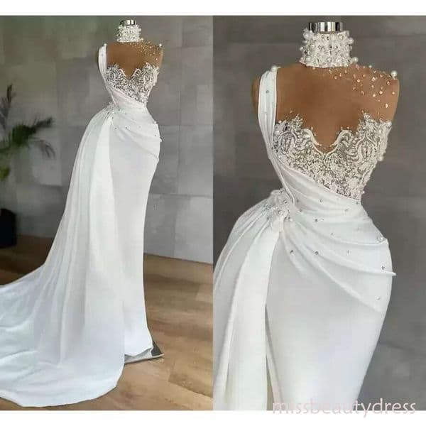 Designer Mermaid Dresses Lace Applique Beaded Pearls Rhies Illusion High Neck Sweep Train Satin Custom Made Wedding Gown Vestido De Novia