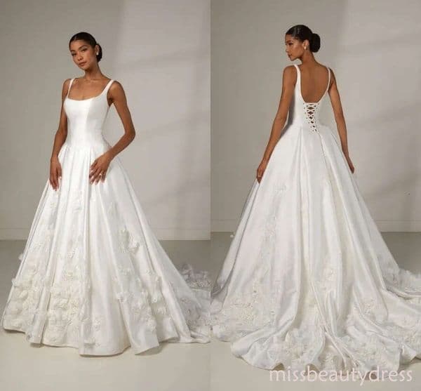 Vintage Ivory Satin 3D Flowers A Line Wedding Dresses Sexy Spaghetti Straps Boho Bridal Gowns Lace-up Back Classic Basque Waist Bride Vestidos De Novia D19