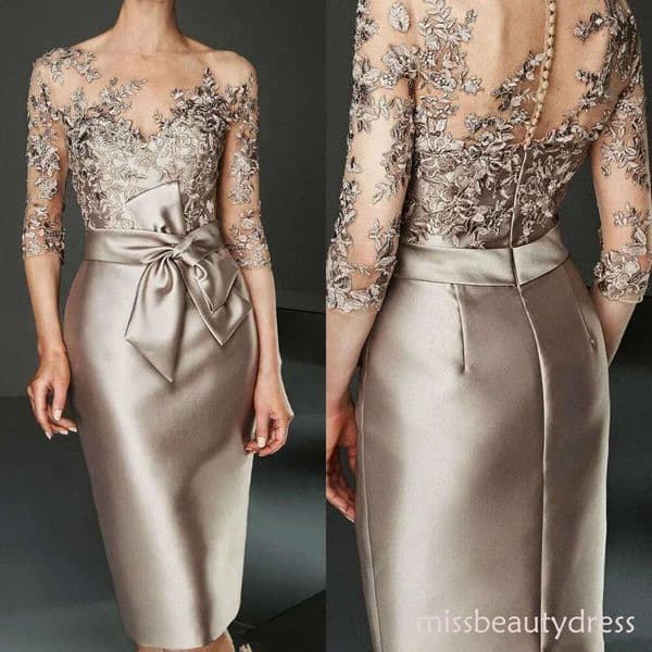 Champagne Of the Bride Dresses Knee Length Satin Lace Appliqued Groom Mother For Wedding Arabic Evening Dress