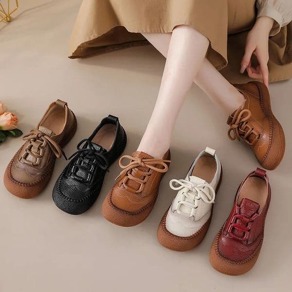 real leather handmade shoes for women all season oxfords flats woman laced up moccasins cozy mom boat round toe 260104