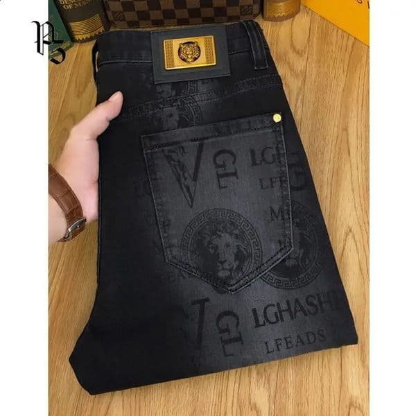 Spring and Autumn Korean Slim Jeans for Men 2025 High-end Clothing Black Printing Mid-waist Stretch Casual Pencil Pants 260122