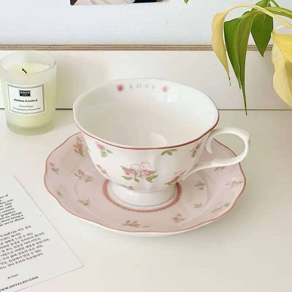 Cute Girls' Afternoon Tea Dim & Saucer French Pink Rabbit Print Vintage Coffee and Set Ceramic Cup 26W0211
