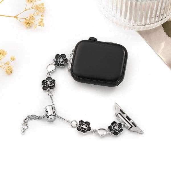 Elegant Camellia Metal Band Sparkly Bracelet Strap for Apple Watch Series 4-10 SE Ultra