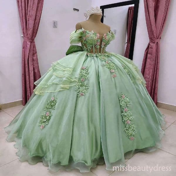 Gorgeous Green Quinceanera Dresses With 3D Flowers Princess 2 In 1 Sweet 16 Gown Vestidos De 15 Xv Anos Removable Skirt Special Occasion Birthday Party Dress
