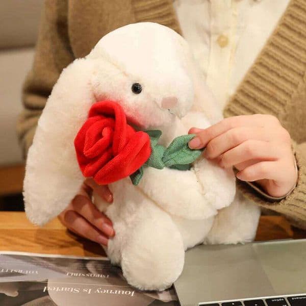 2026 New Shy Bonnie Holding A Birthday Cake Plush Rabbit rose, holding love Doll Valentine's Day gift 26W0211
