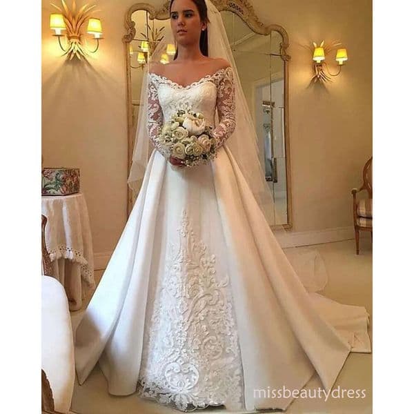 Country V neck Satin Wedding Dresses Bridal Gowns Long Sleeve Lace Appliques A Line Bride Dress Sweep Train Vintage Off Shoulder Vestidos De Novia N10