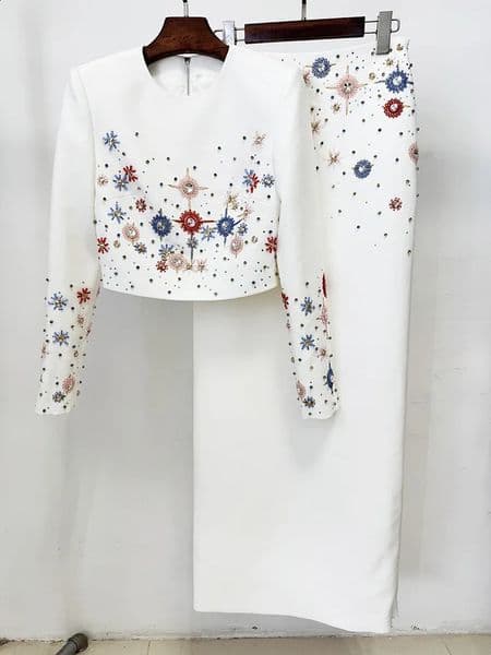Crystal Two Piece Dress Set Women Long Sleeve Jacket Coat Pencil Maxi Skirt Suits 2pcs Outfits Formal Evening Long Dresses 260122